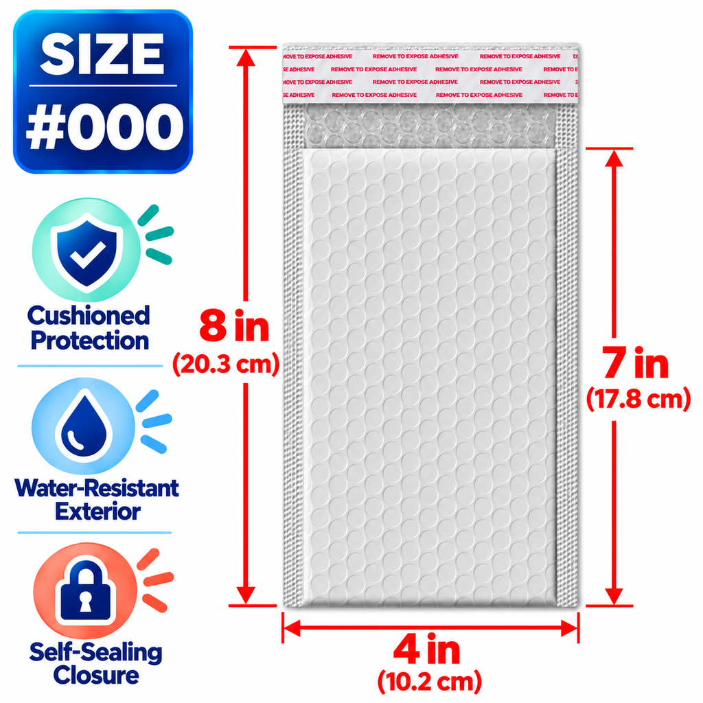 BM Paper 500-Pack #000 4" x 7" White Bubble-Lined Poly Mailers Self-Sealing Padded Shipping Envelopes