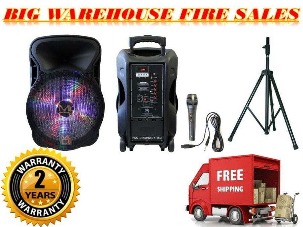 MR DJ Pro 15" 3000W Bluetooth PA DJ FM Radio Karaoke Speaker Microphone stand