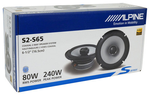 2 Alpine S2-S65 6.5" 480 Watts S-Series Hi-Res Certified 2Way Coaxial Car Speakers