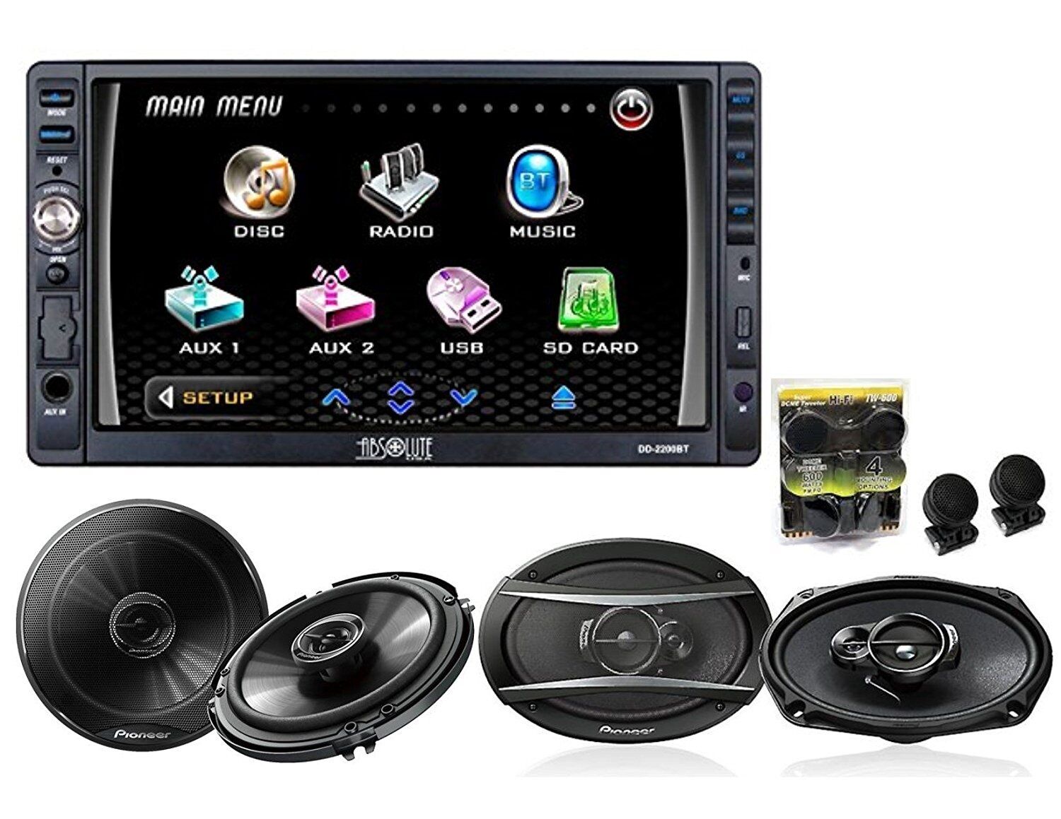 Absolute DD2200BT Double Din DVD, CD, MP3 Player W/ Pioneer TS-F1634R 6x5, TS-A6966R 6x9 & TW600