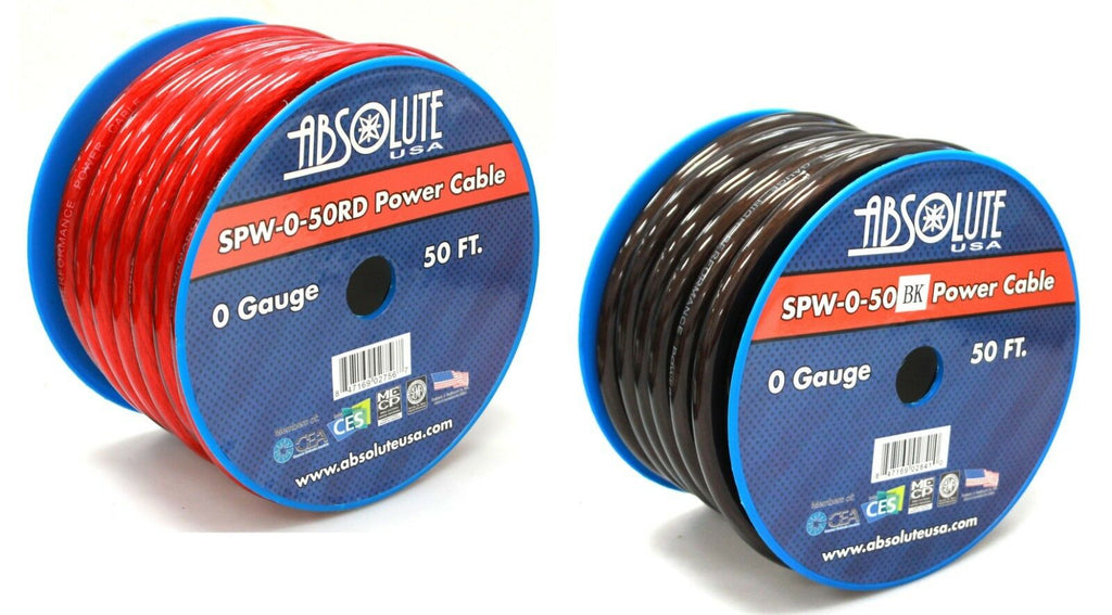 Absolute SPW-0-50RD & SPW-0-50BK 1/0 Gauge 50 FT Xtreme Twisted Power/Ground Battery Wire Cables Set One Red & One Black