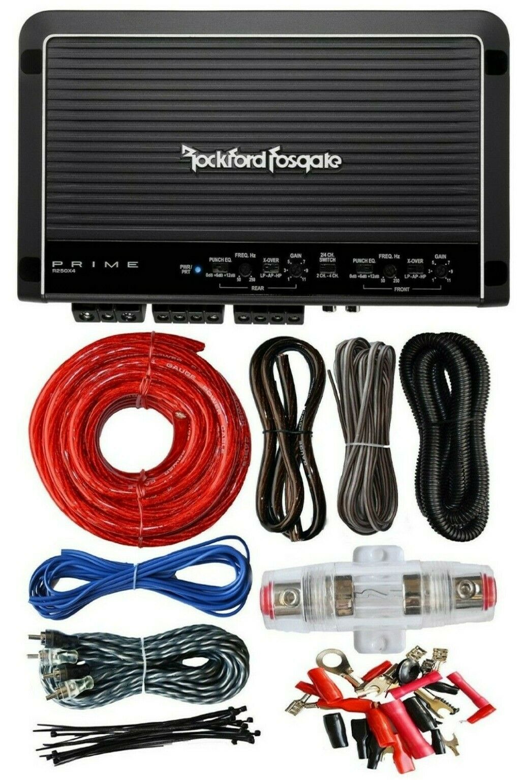 Rockford Fosgate R250X4 Prime 250 Watts 4-Channel Amplifier + 4 Gauge Amp Kit