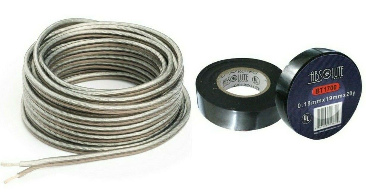 Absolute USA S16G1000 16 Gauge 1000 Feet Clear Speaker Wire and 3/4" x 60' FT Black Electrical Tape