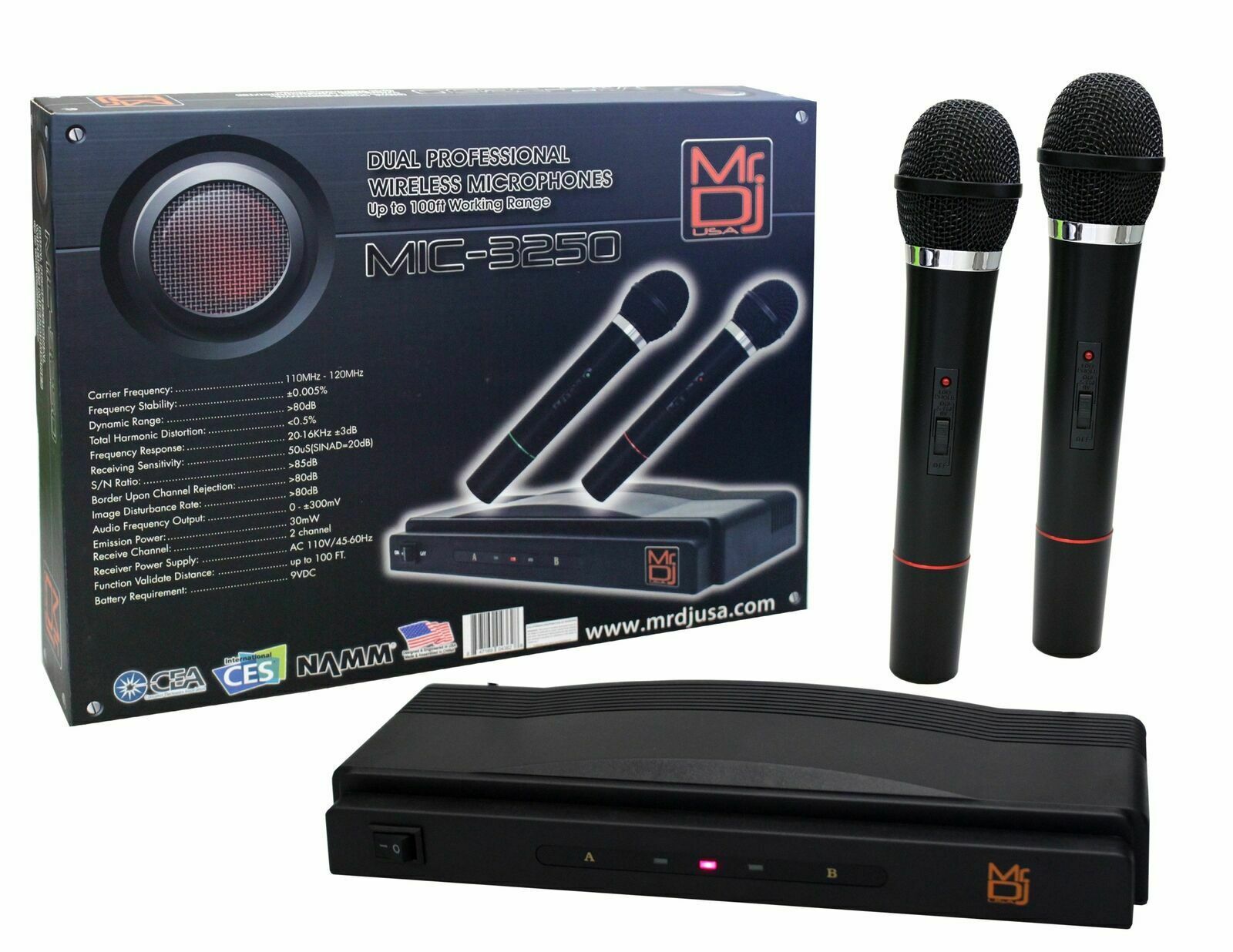 MR DJ MIC3250 Dual Channel Wireless Microphone System Set with 2 Handheld Mic