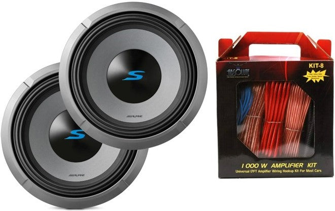 2 ALPINE S2-W10D2 10" 1800 Watt Car Audio Subwoofers Dual 2-Ohm + 8G Amp Kit