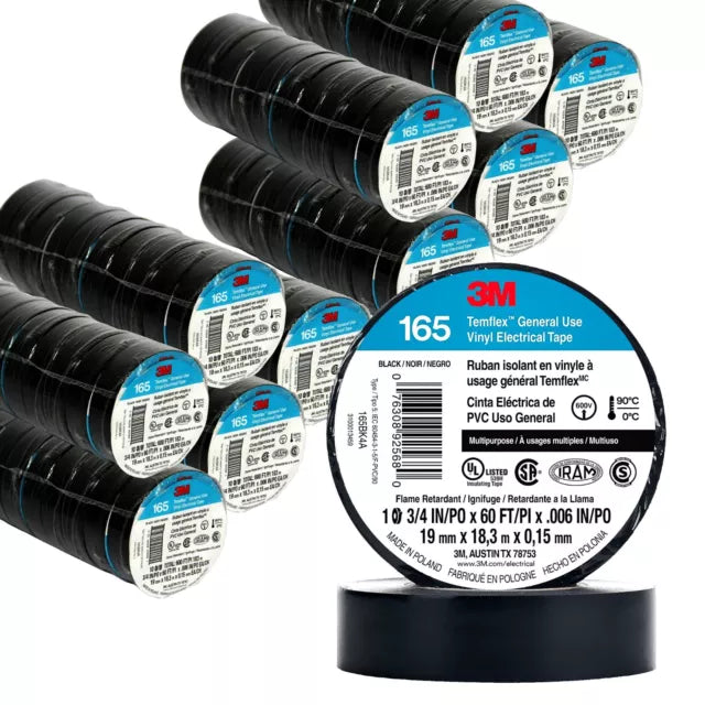 100 Rolls 3M 165 TEMFLEX 1700 Upgrade Black 3/4" Vinyl Fresh Insulation Electrical Tape