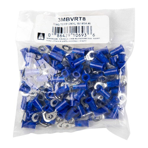 Install Bay 3MBVRT8 3M™ Blue Vinyl Ring Terminal 16-14 Gauge #8 Package of 100