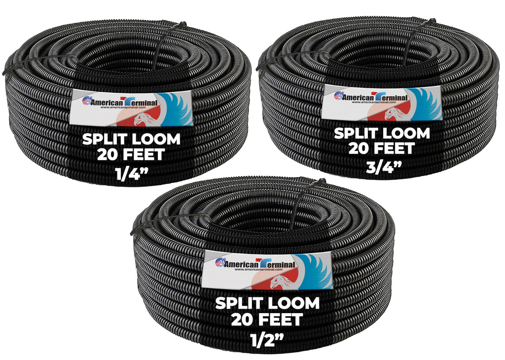 A-T 3-Pack 1/4", 1/2", 3/4" x 20 Feet Each Split Wire Loom Convoluted Tubing