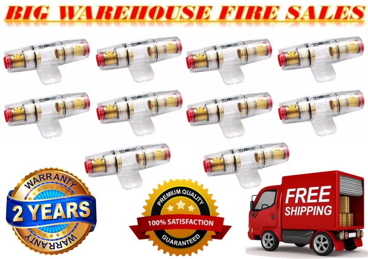 10 PACK AGU FUSE HOLDER 4 6 8 10 GAUGE IN LINE GLASS FUSES AWG WIRE GOLD