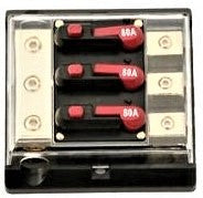Load image into Gallery viewer, Absolute 3DCB50 Circuit Breaker<br/> Inline Circuit Breaker Power Distribution Block 50 Amp 3 Gang 3x4 Gauge Input 3x8 Gauge Output