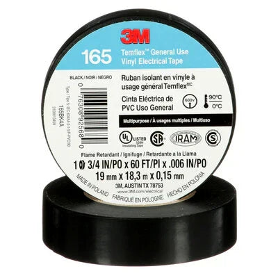 400 Rolls 4 Cases of 100 Rolls 3M 165 TEMFLEX Black 3/4" Vinyl Electrical Tape