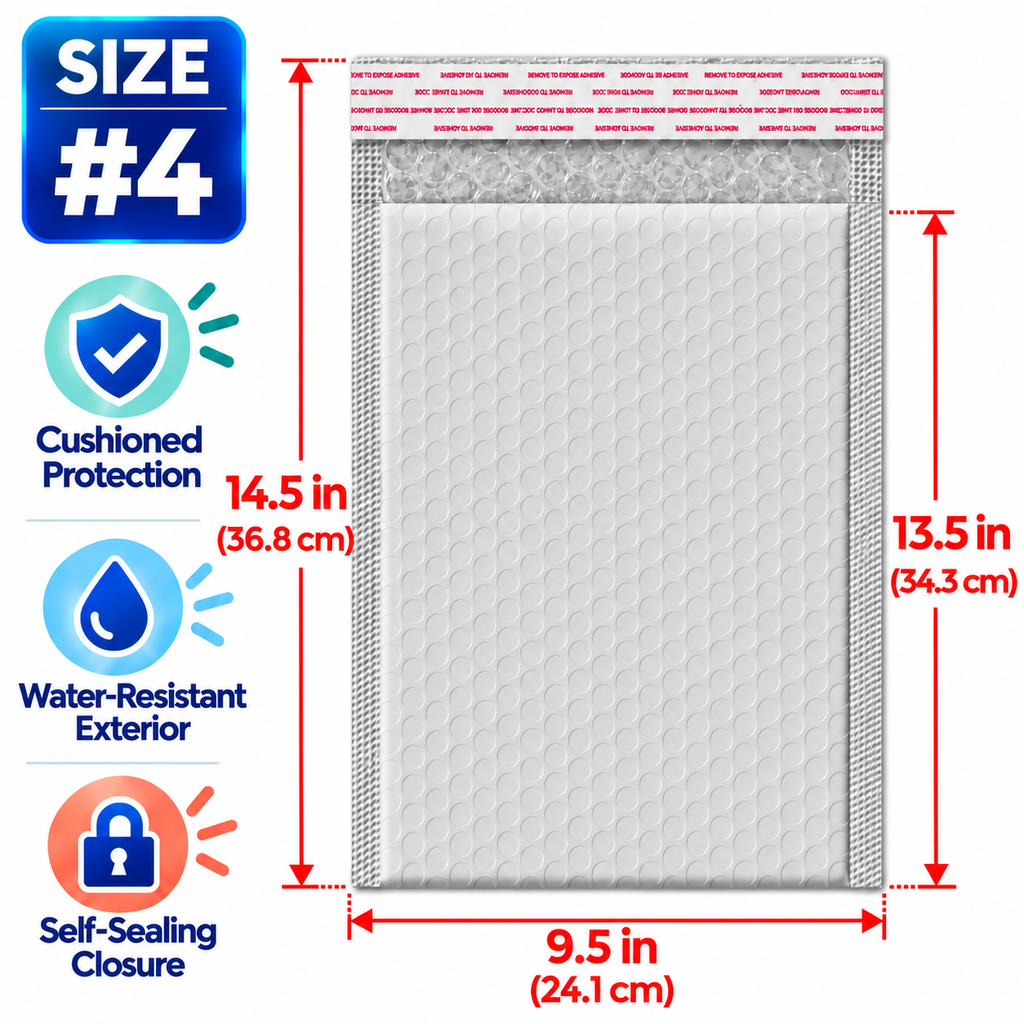 BM Paper 50-Pack #4 9.5" x 13.5" White Bubble-Lined Poly Mailers Self-Sealing Padded Shipping Envelopes