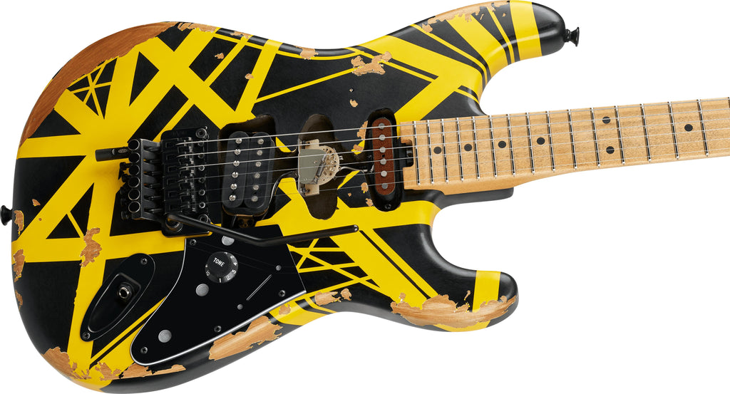 EVH 5107900528 Striped Series Frankenstein Frankie, Maple Fingerboard - Black with Yellow Stripes, Aged