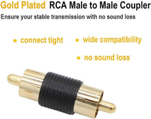 Load image into Gallery viewer, 10 Pack Male to Male Gold RCA cable cord Coupler Joiner barrel Connectors