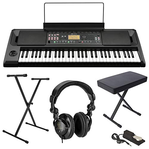 Korg EK-50 61-Key Arranger Entertainer Keyboard (Black), Starter Bundle with Bench, Stand and H&A Studio Headphones