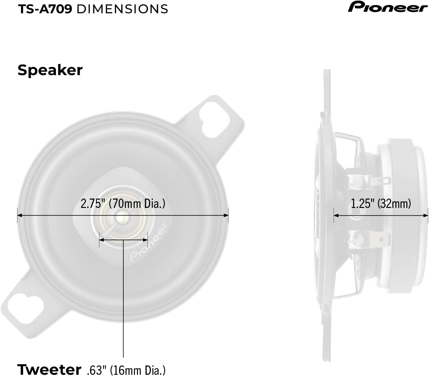 Pioneer TS-A709 A Series 2-3/4” 2-Way 450 Watt Max Power Coaxial Speaker with a 16mm Tweeter – Pair, Black