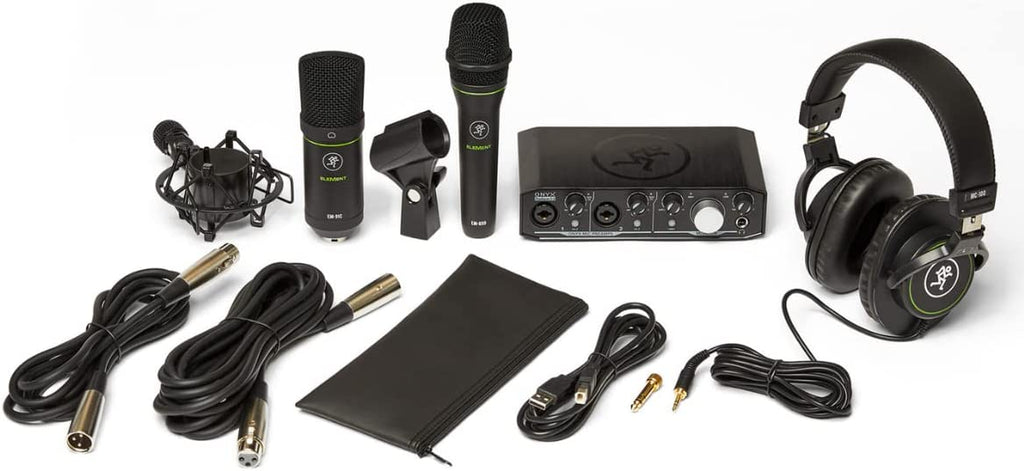 Mackie Producer Bundle with Onyx Producer interface, EM89D dynamic mic, EM91C condenser mic and MC-100 headphones.