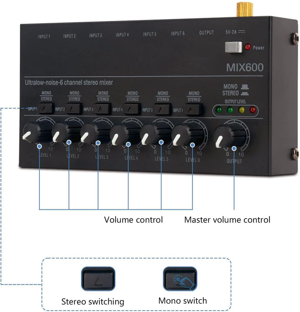 MR DJ MIX600 Ultra Low-Noise 6-Channel Line Mixer Stereo/Single Track Switch Microphone