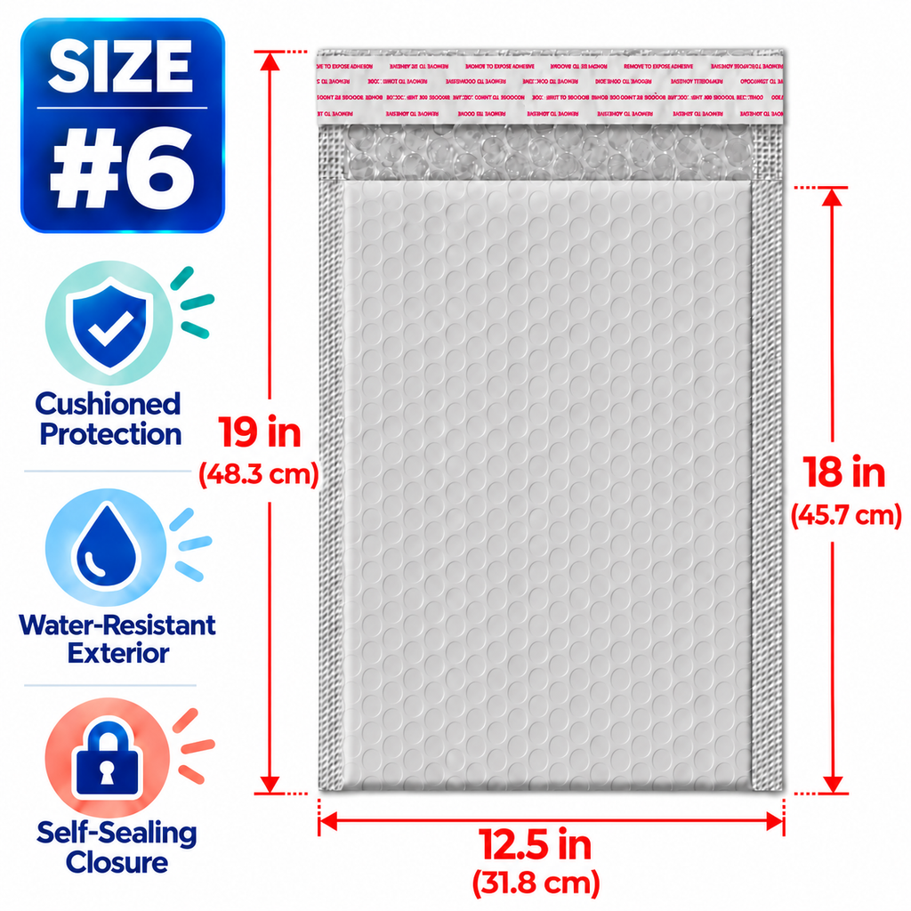 BM Paper 50-Pack #6 12.5" x 18" White Bubble-Lined Poly Mailers Self-Sealing Padded Shipping Envelopes