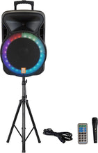 Load image into Gallery viewer, MR DJ PARTY PACK Dual 15" Active Bluetooth PA Speaker Package 2 Speaker Stands DSP LED Lights TWS USB/SD FM Radio Wired Microphones Speaker Cables