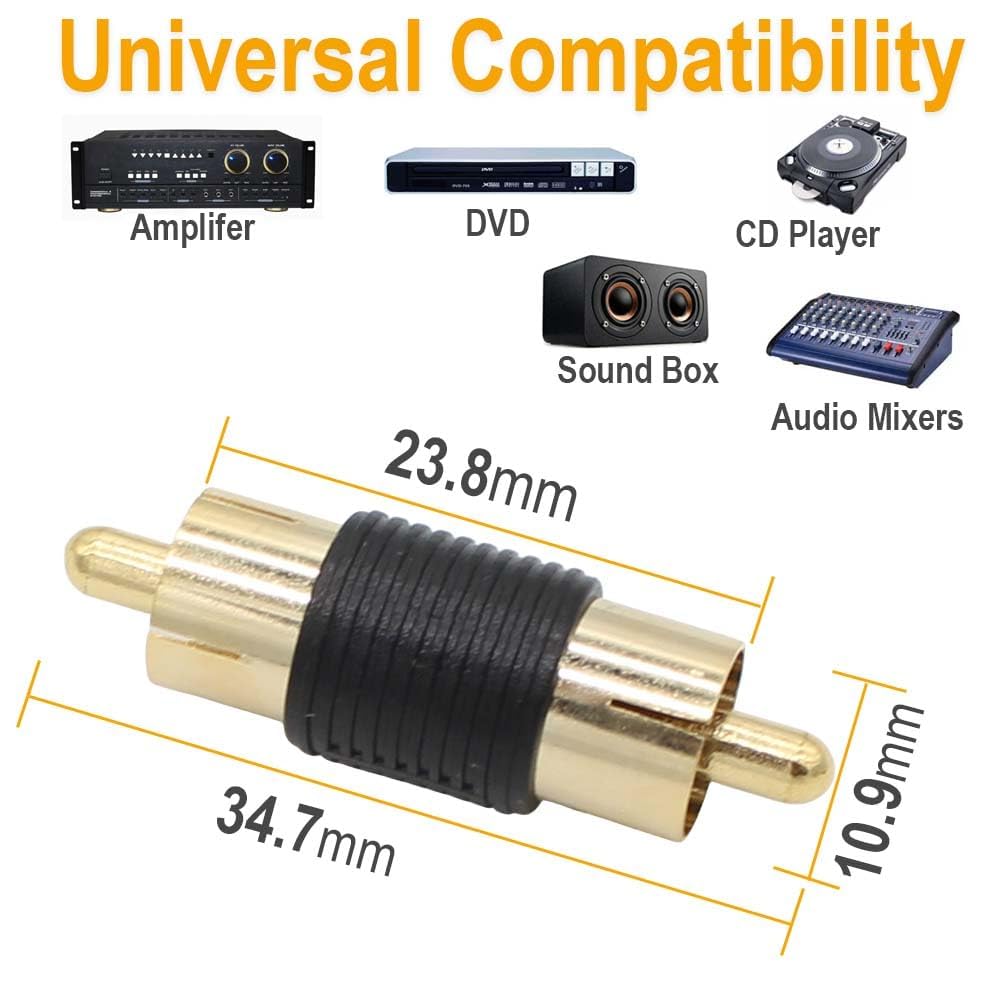 20 Pack Female & Male Gold RCA cable Cord Coupler Joiner barrel Connectors