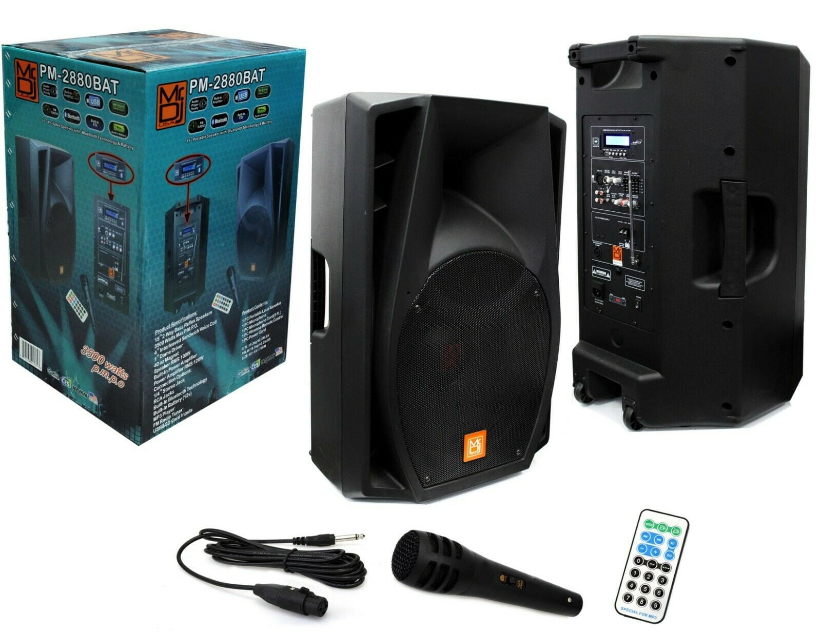 15" PA DJ Power Speaker with Built-In Bluetooth and Radio/EQ/LCD/MP3/USB/SD