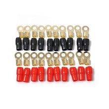 Load image into Gallery viewer, American Terminal AT0GRT20 0 Gauge Gold Ring Terminal 20 Pack 1/0 AWG Wire Crimp Cable Red Black Boots 5/16
