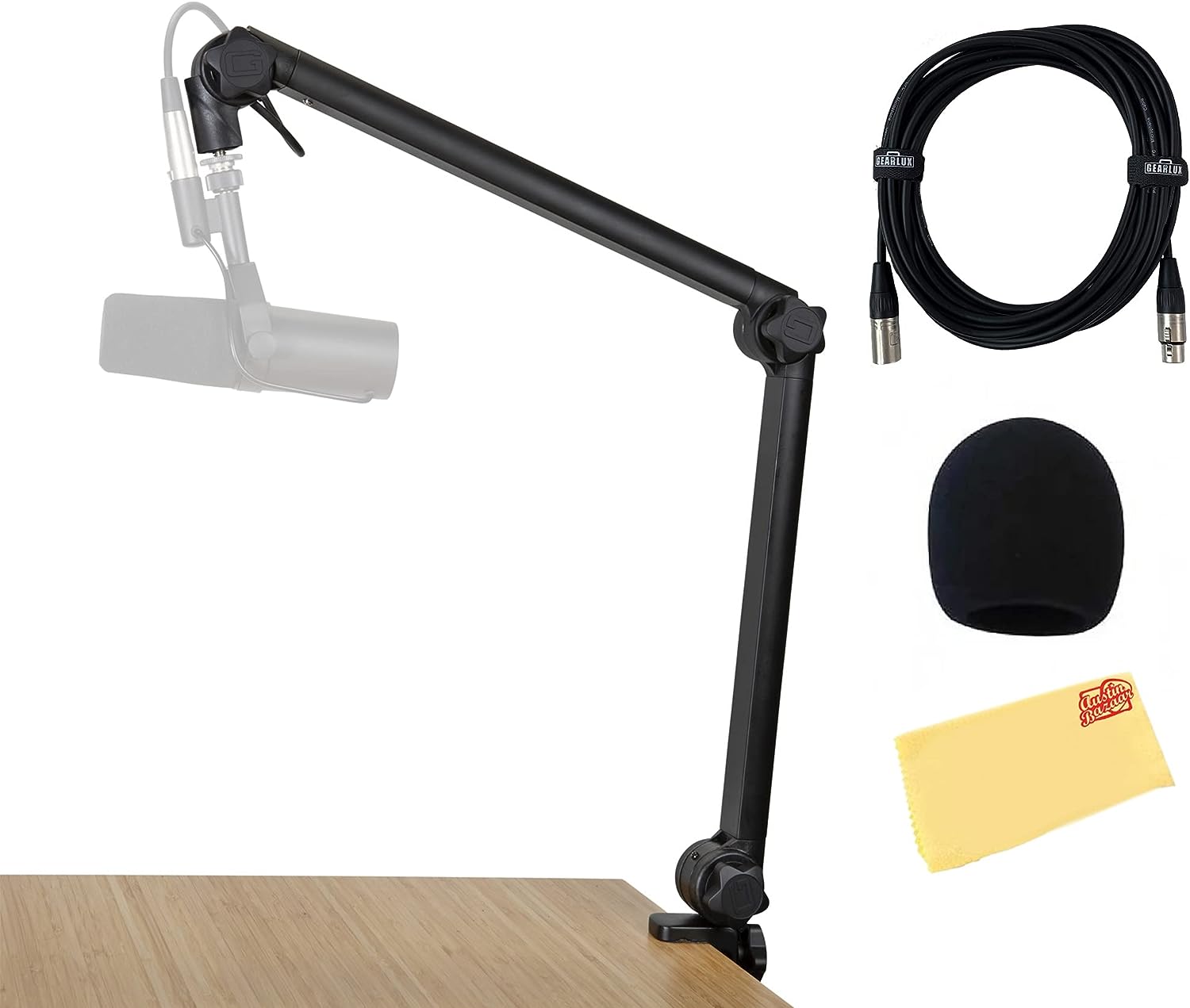 Gator GFWMICBCBM3000 Deluxe Frameworks Desktop Mic Boom Stand - Bundle with Microphone Windscreen, XLR Cable