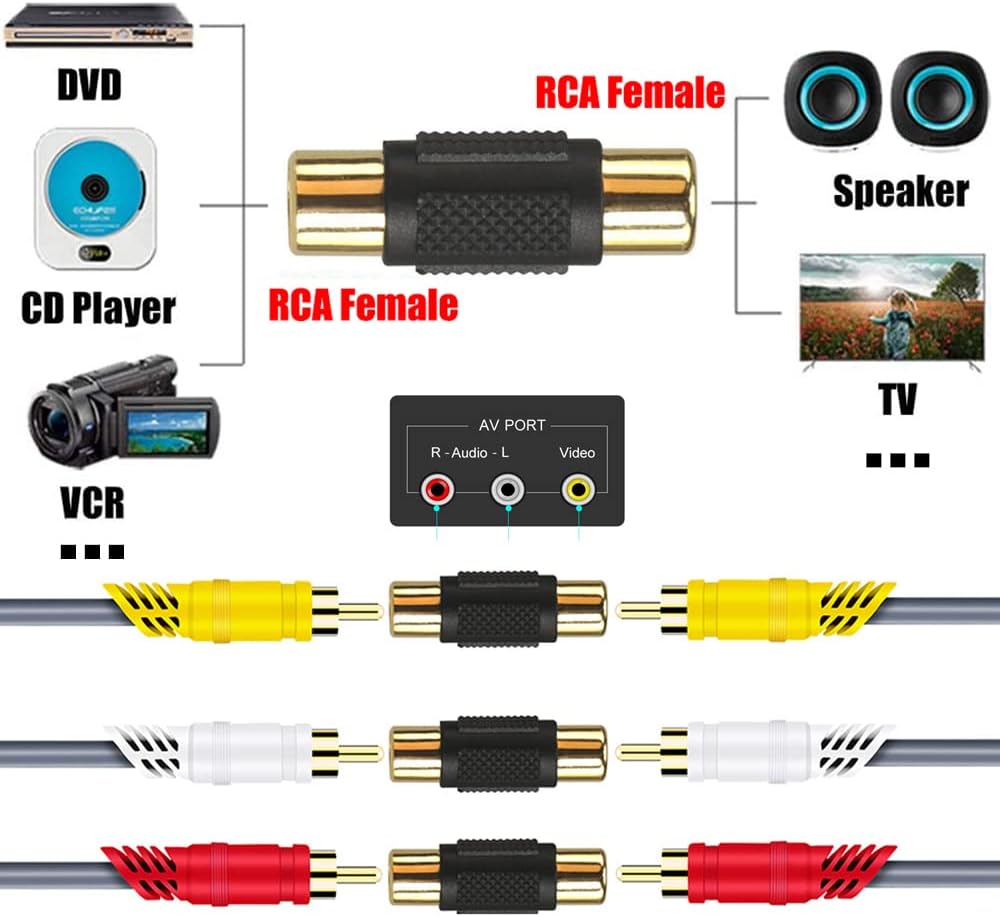 20 Pack Female & Male Gold RCA cable Cord Coupler Joiner barrel Connectors