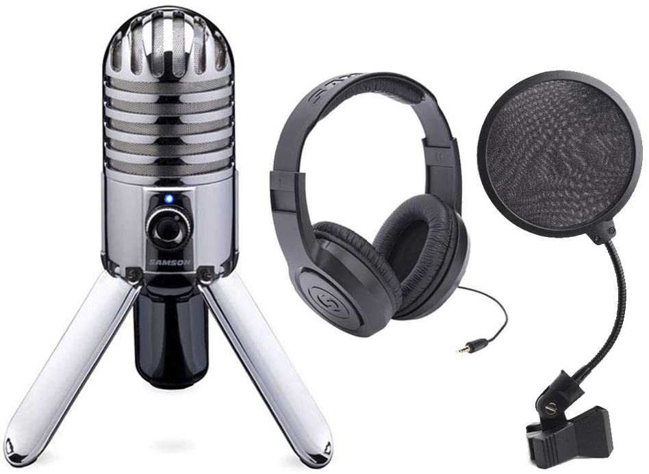 Samson Meteor Mic USB Studio Microphone Large Diaphragm, Built-in Monitoring + Samson Stereo Headphones + Pop Filter