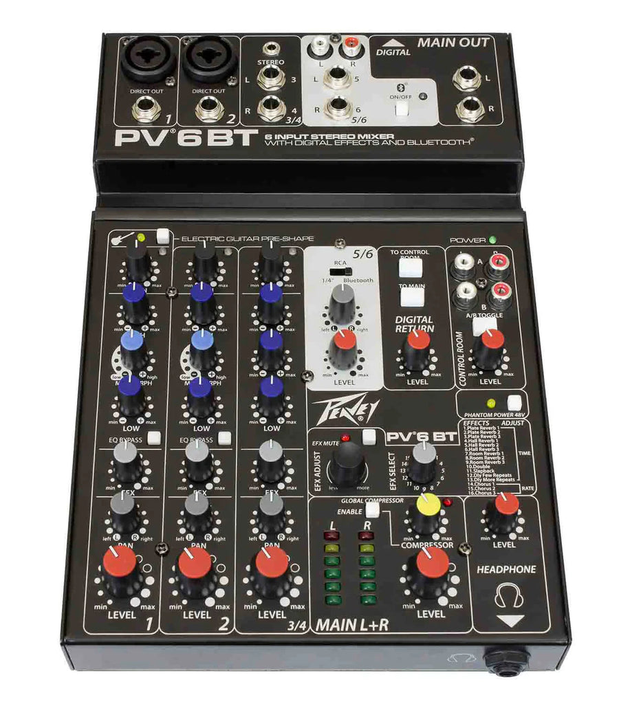 Peavey PV6BT Pro Audio Mixer Bluetooth Effects + 3 MSP-1 1/4" Microphone Stand package