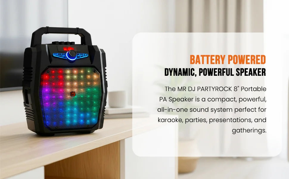 MR DJ PARTY ROCK 8" PORTABLE SPEAKER w/ BLUETOOTH RECHARGEABLE BATTERY LED LIGHT