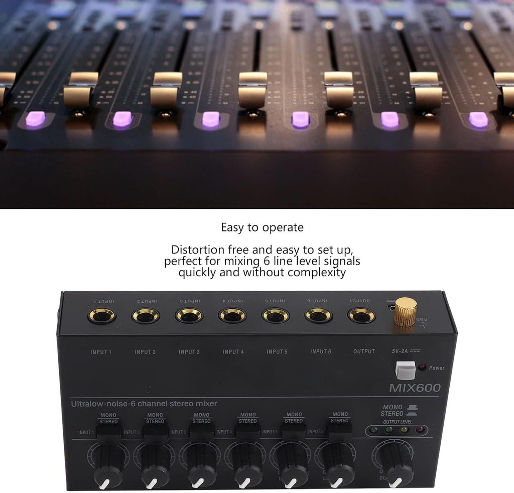 MR DJ MIX600 Ultra Low-Noise 6-Channel Line Mixer Stereo/Single Track Switch Microphone