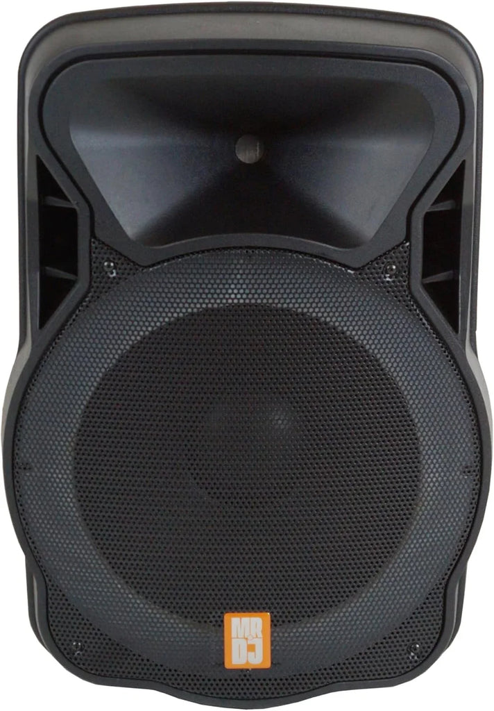 MR DJ PARTY PACK Dual 15" Active Bluetooth PA Speaker Package 2 Speaker Stands DSP LED Lights TWS USB/SD FM Radio Wired Microphones Speaker Cables