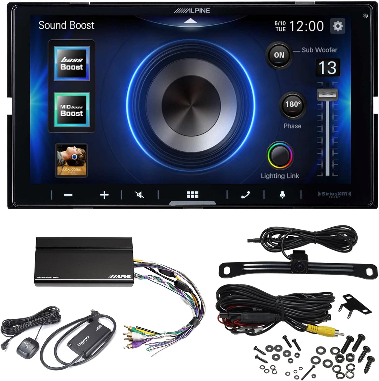 Alpine iLX-W670 7" Mechless Bluetooth Car Receiver Deck Deluxe Package with KTA-450 4-Channel Amplifier, Sirius XM SXV300 Tuner, and Backup Camera. Android Audio and iPhone Apple Car Play Integration