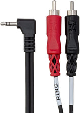 Load image into Gallery viewer, Hosa CMR-203R Stereo Breakout Cable - Right-angle 3.5mm TRS Male to Left and Right RCA Male - 3 foot