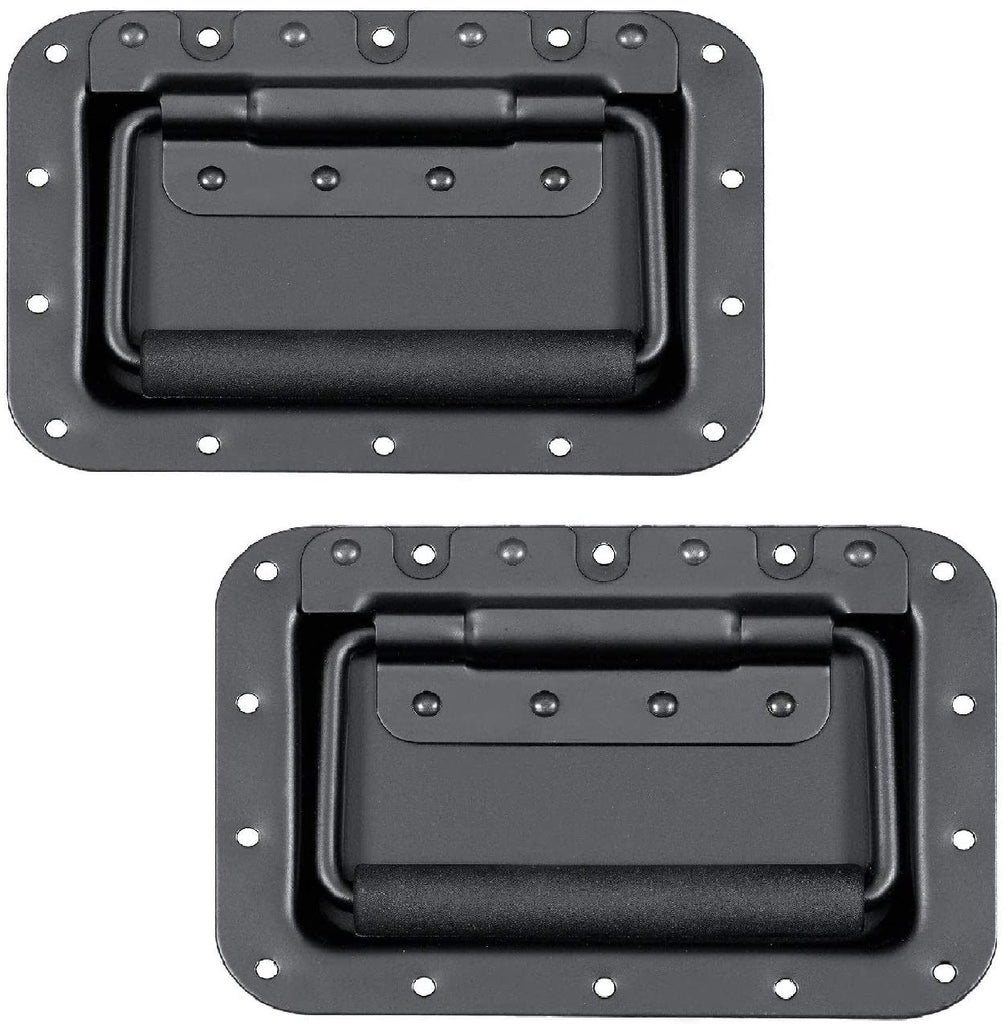 Absolute USA Set of 2 Spring Loaded Speaker Cabinet Handles - 5.5" x 3.9" Recessed Black Metal Plate with Rubberized Grip & Powerful Spring (1 Pair)