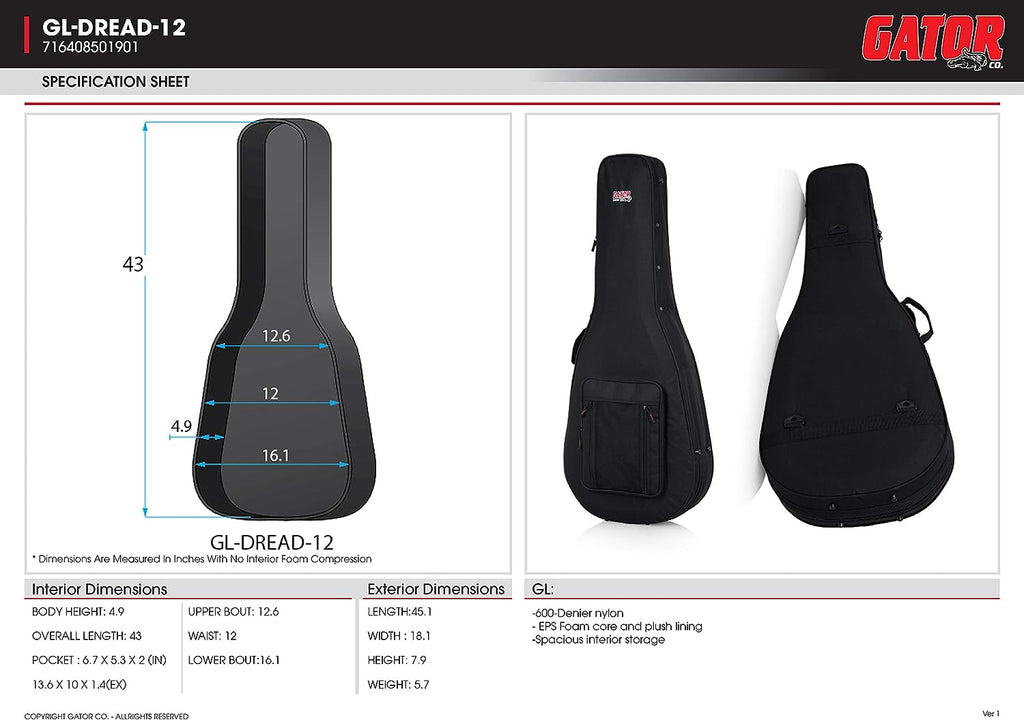 Gator Cases GL-DREAD-12 Lightweight Polyfoam Guitar Case For Dreadnaught Style Acoustic Guitars