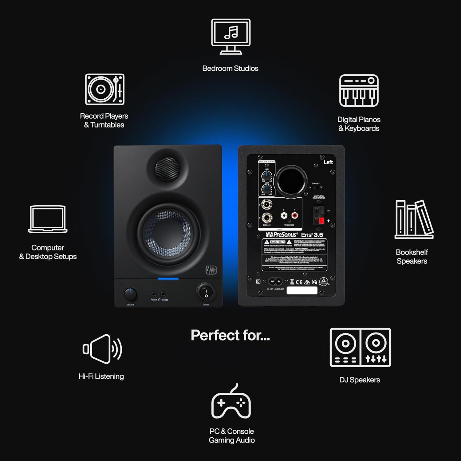 PreSonus Eris 3.5 Studio Monitors, Pair — Powered, Active Monitor Speakers for Near Field Music Production, Desktop Computer, Hi-Fi Audio