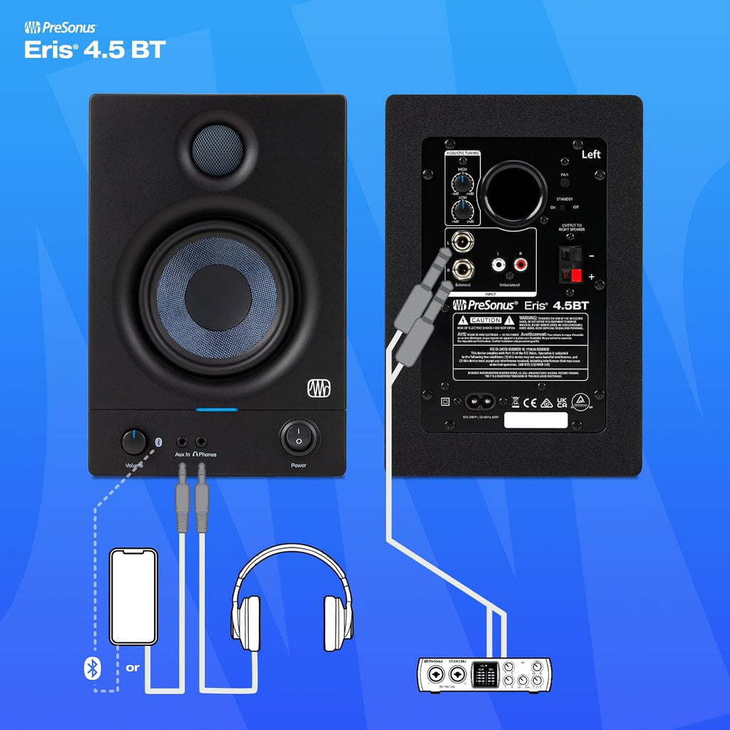 PreSonus Eris 4.5BT Bluetooth Studio Monitors, Pair — 4.5" Powered, Active Monitor Speakers for Near Field Music Production, Audio Mixing & Recording