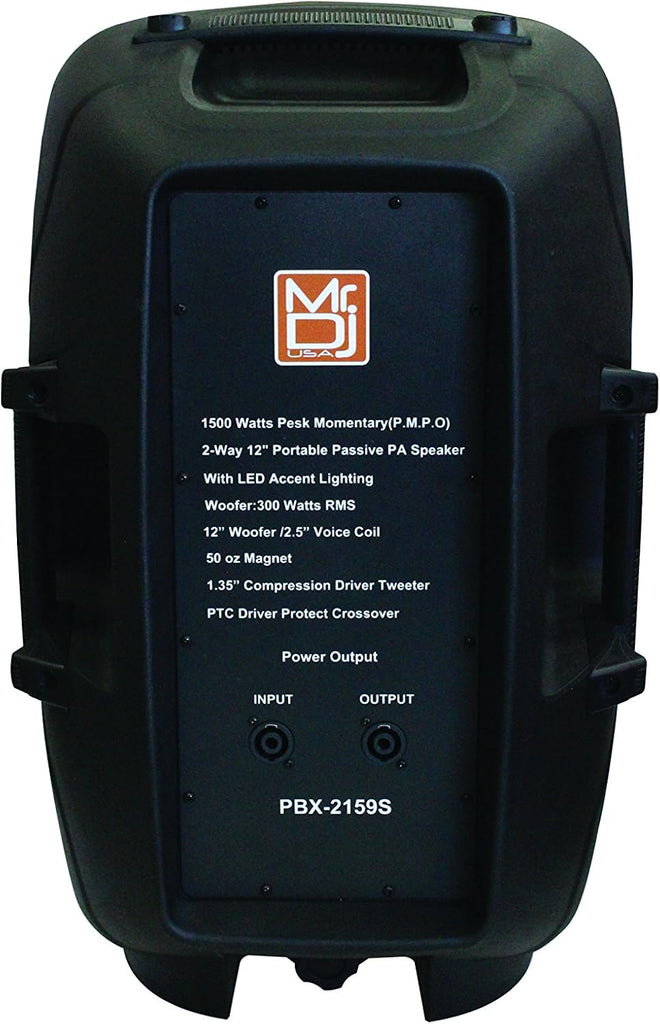 MR DJ PBX2159S 12" 2-Way Portable Passive PA/DJ Speaker LED Accent Lighting