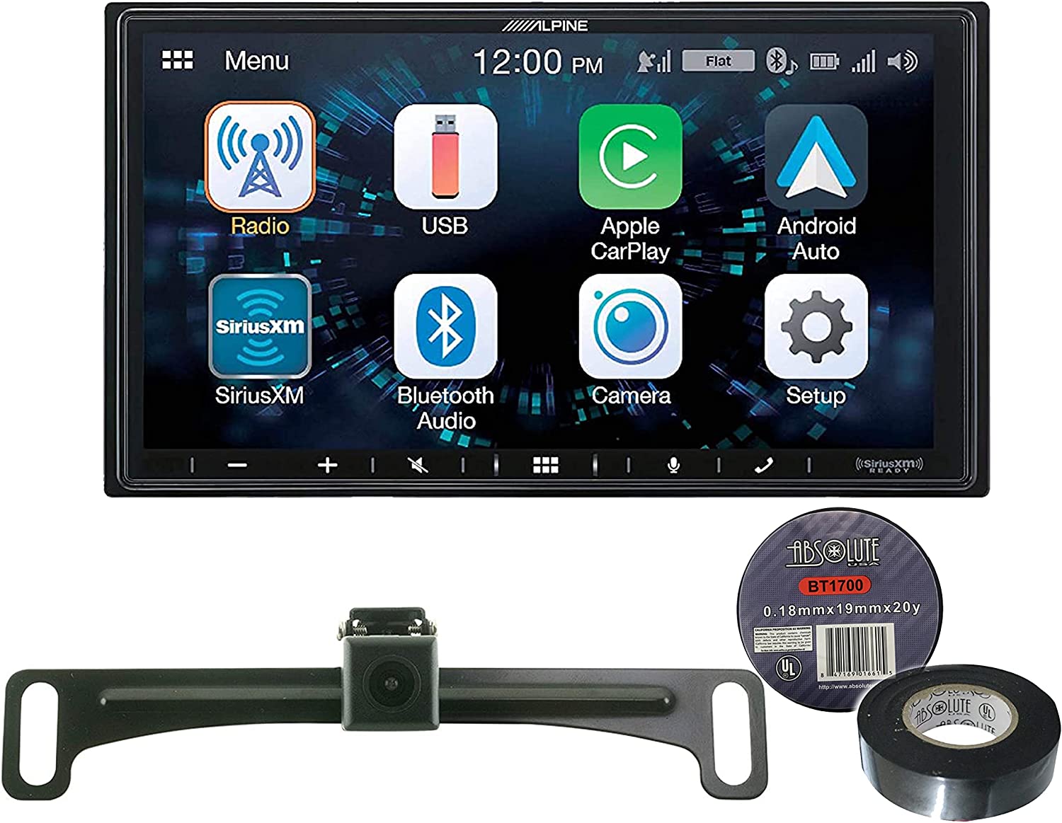 Alpine iLX-W670 7" Mech-Less Receiver Compatible with Apple CarPlay and Android Auto+Absolute CAM900 Universal Backup Camera License Plate Mount+Free Electrical Tape BT1700