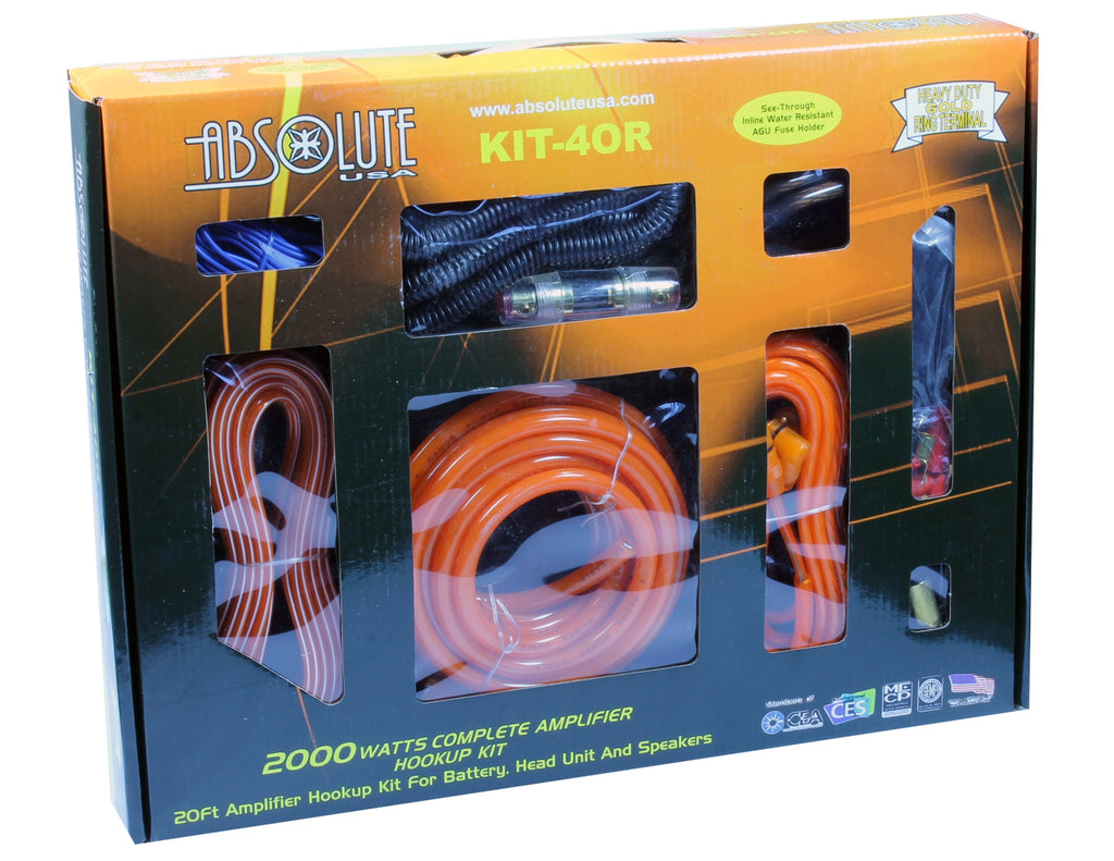 Absolute KIT4OR Complete PRO Marine Auto Car RV 4 Gauge 2000W Amplifier Amp Kit