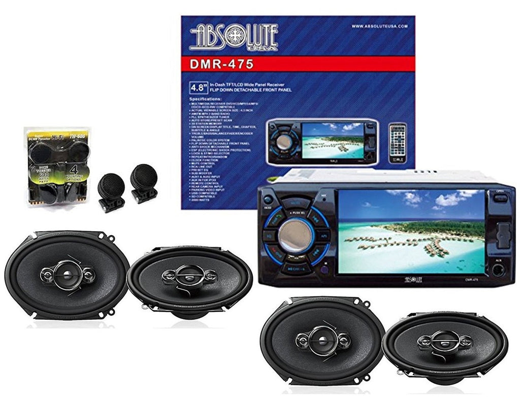 Absolute DMR-475 4.8" DVD/MP3/CD Multimedia Player Receiver + 2 Pairs Pioneer TS-A6966R 6x9" Speakers + TW600 Tweeter