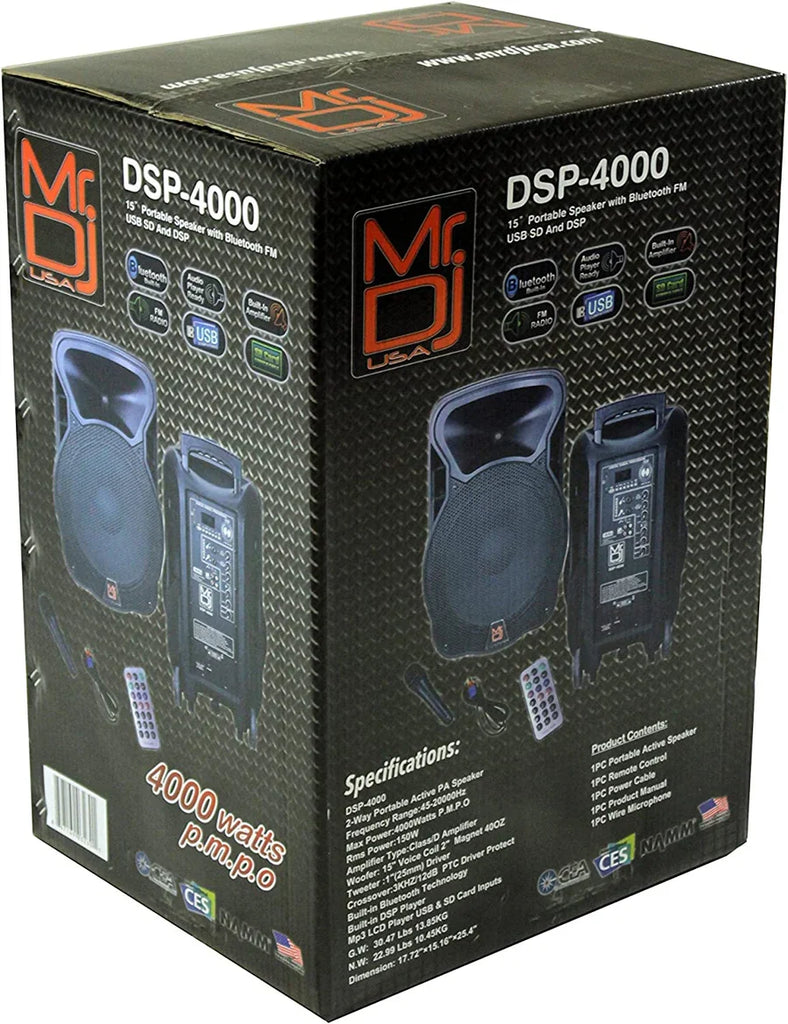 MR DJ 4000W Bluetooth DSP FM Radio USB Portable PA DJ KARAOKE Speaker