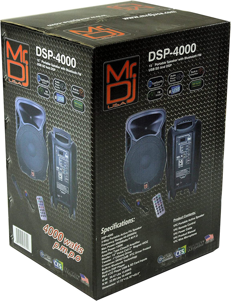 MR DJ DSP4000 15" 2 Way Portable Speaker Bluetooth FM Radio USB/SD & DSP Player Technology