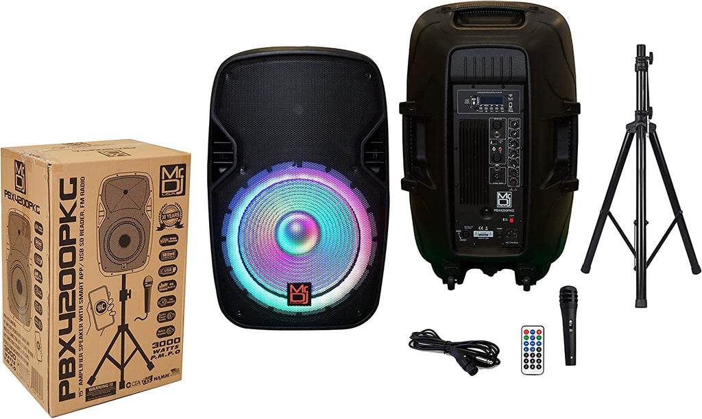 2 MR DJ PBX4200PKG 15" 2-Way PA DJ 3000W Active Powered Bluetooth Karaoke Speaker LED Lighting + Speaker Stand