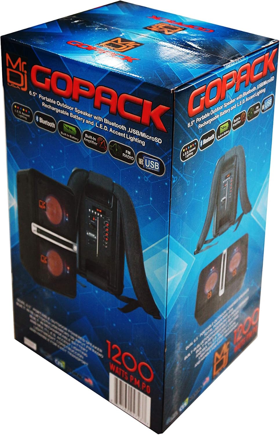 MR Dj GOPACK Bluetooth Speaker<br/>Dual 6.5" Portable Outdoor Speaker Built-in Bluetooth, USB/Micro SD Card Reader, with Rechargeable Battery & LED Accent Lighting 1200W P.M.P.O