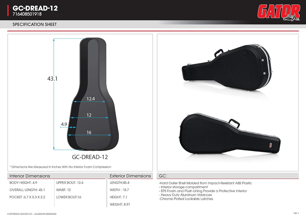 Gator Cases GC-DEEP BOWL ABS Molded Case for Acoustic Guitars Fits Ovation Style Deep Contour Acoustic Guitars