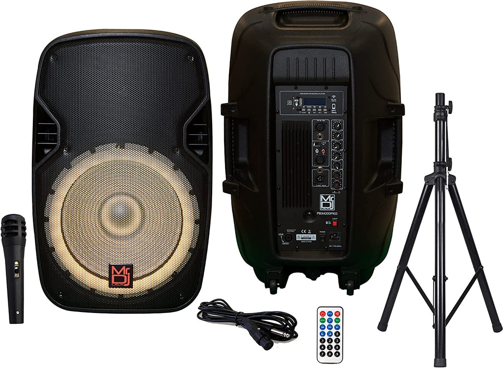 2 MR DJ PBX4200PKG 15" 2-Way PA DJ 3000W Active Powered Bluetooth Karaoke Speaker LED Lighting + Speaker Stand